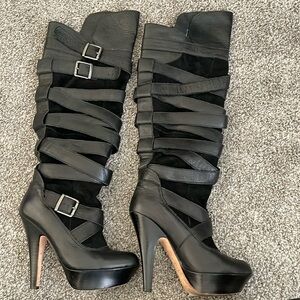 Black leather and suede knee-high Bebe boots